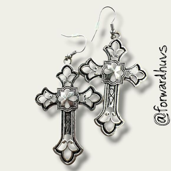 Bundle Sale 3 for $15 | Large Silver-Tone Cross Earrings – Statement Size - Picture 1 of 5
